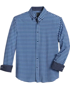 Michael Strahan Modern Fit Button-Down Collar Four-Way Stretch Sport Shirt, Medium Blue Geo Check