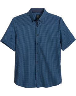 Michael Strahan Modern Fit Short Sleeve Sport Shirt, Navy Check 3-D Check