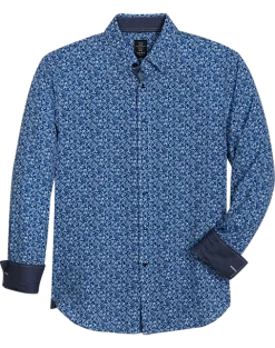 Michael Strahan Modern Fit Spread Collar 4-Way Stretch Sport Shirt, Blue Abstract Floral