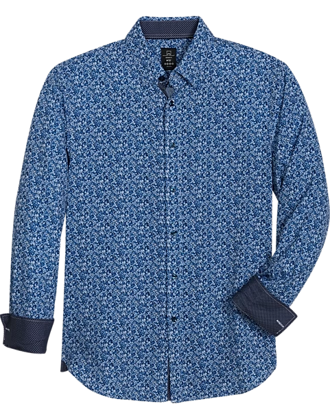 Michael Strahan Modern Fit Spread Collar 4-Way Stretch Sport Shirt, Blue Abstract Floral
